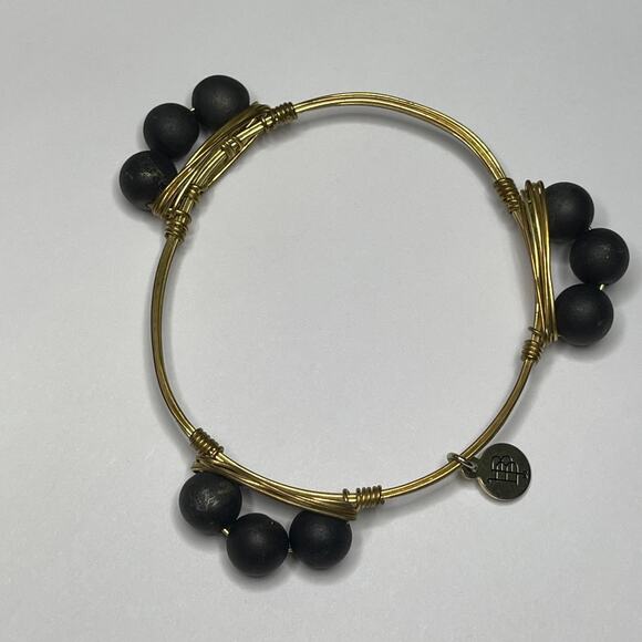BOURBON & BOWETIES gold tone bracelet bangle 3 black beads jewelry wire wrapped - Picture 6 of 9